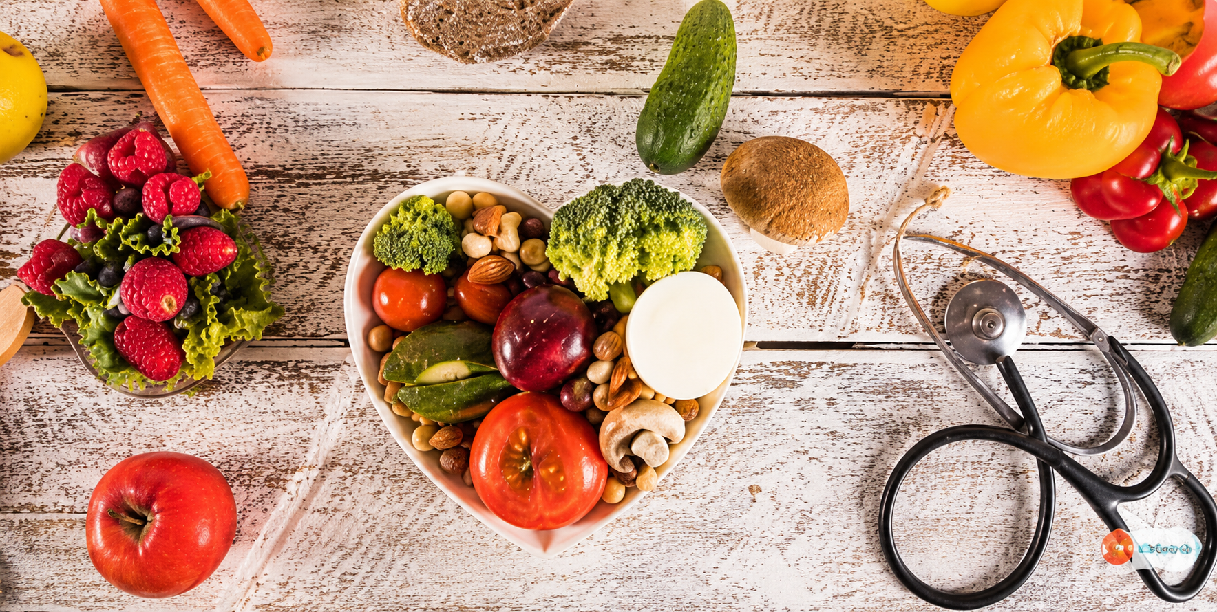Heart-shaped bowl filled with fresh fruits, vegetables, nuts, and healthy foods arranged on a wooden table representing balanced nutrition, healthy diet planning, and wellness-focused eating
