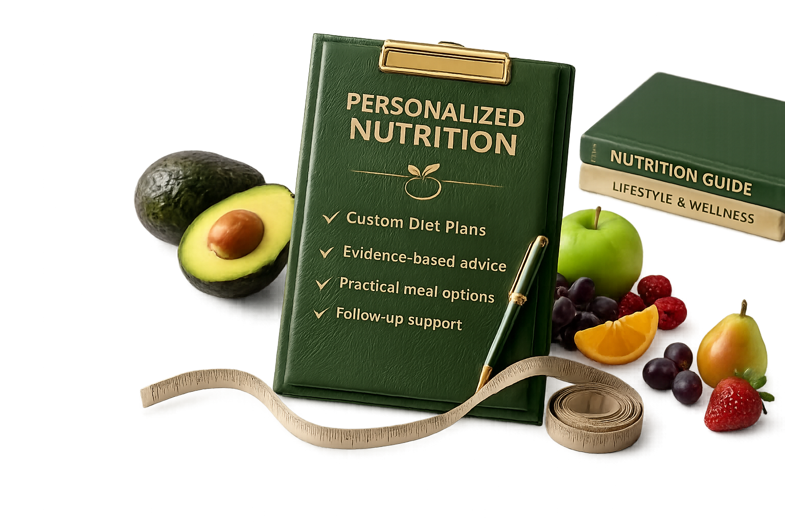 Personalized nutrition guide concept featuring a green diet planner book with fruits, measuring tape, and wellness items representing healthy eating and customized meal planning