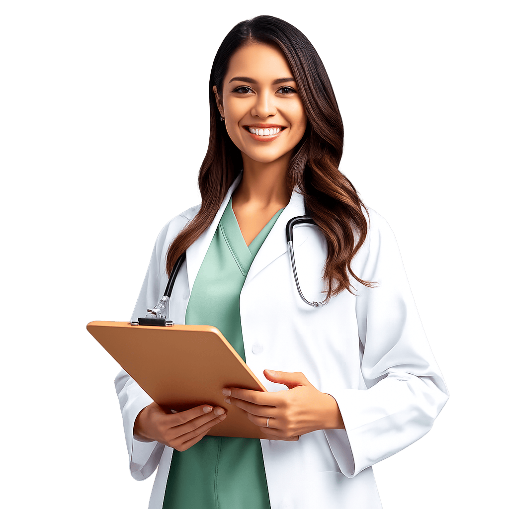 a dietitian with an assessment book in her hand and a stethoscope around neck